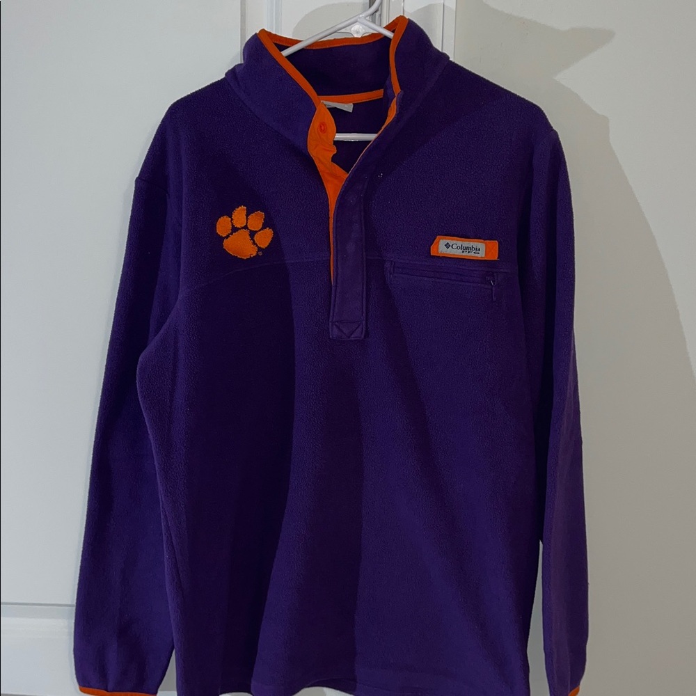 Columbia PFG Purple Fleece Clemson Paw Tigers Fishing Pullover Sweatshirt Jacket